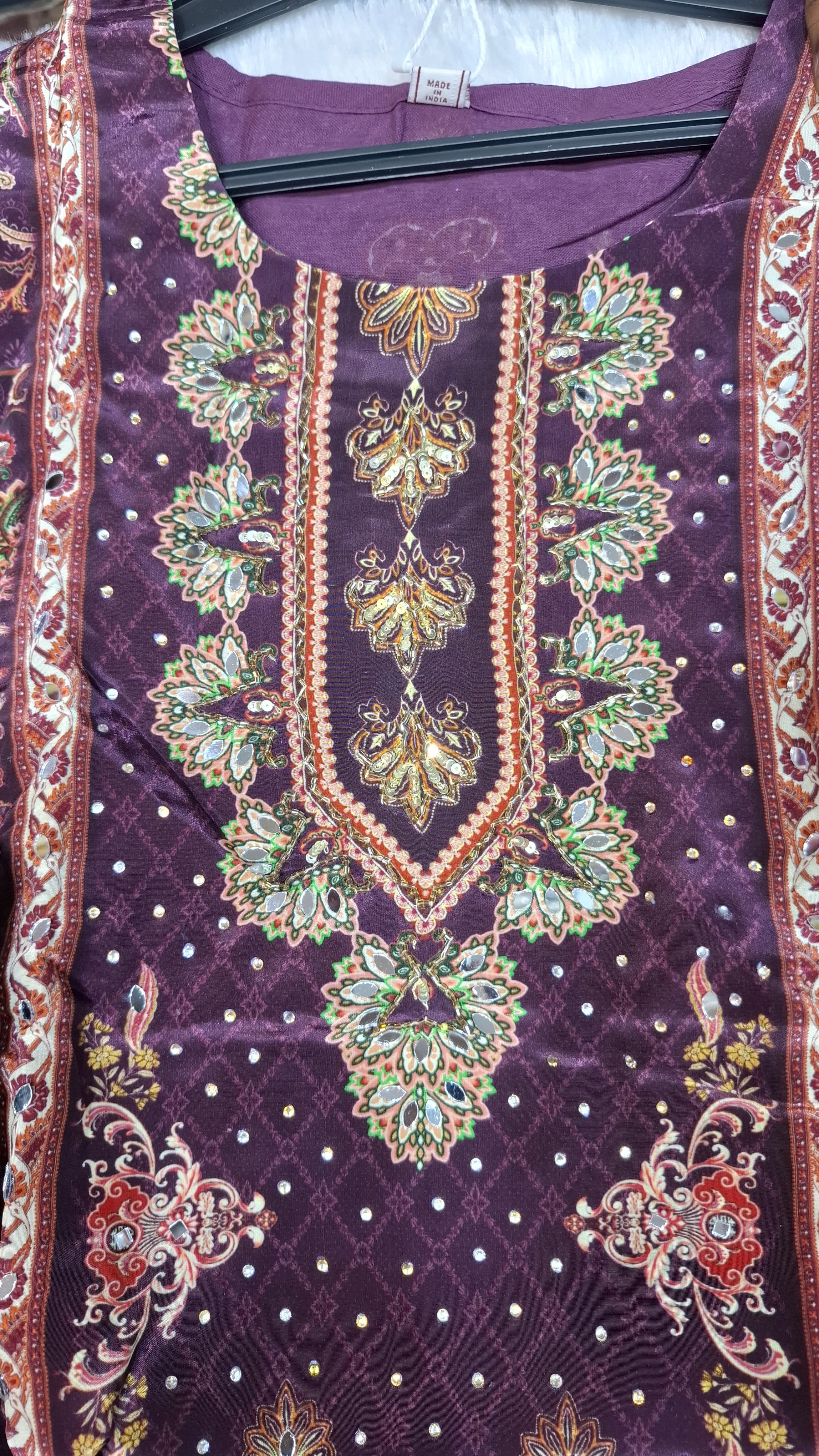 WINE COLOUR  PURE CREPE PRINTED SUIT WITH SEQUENCE WORK ON NECKLINE AND LACE ON HEMLINE
