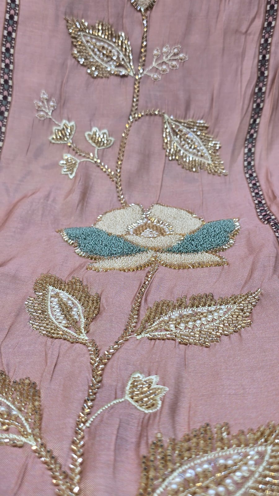 Elegant Muslin Suit with Heavy Moti & Nalki Work