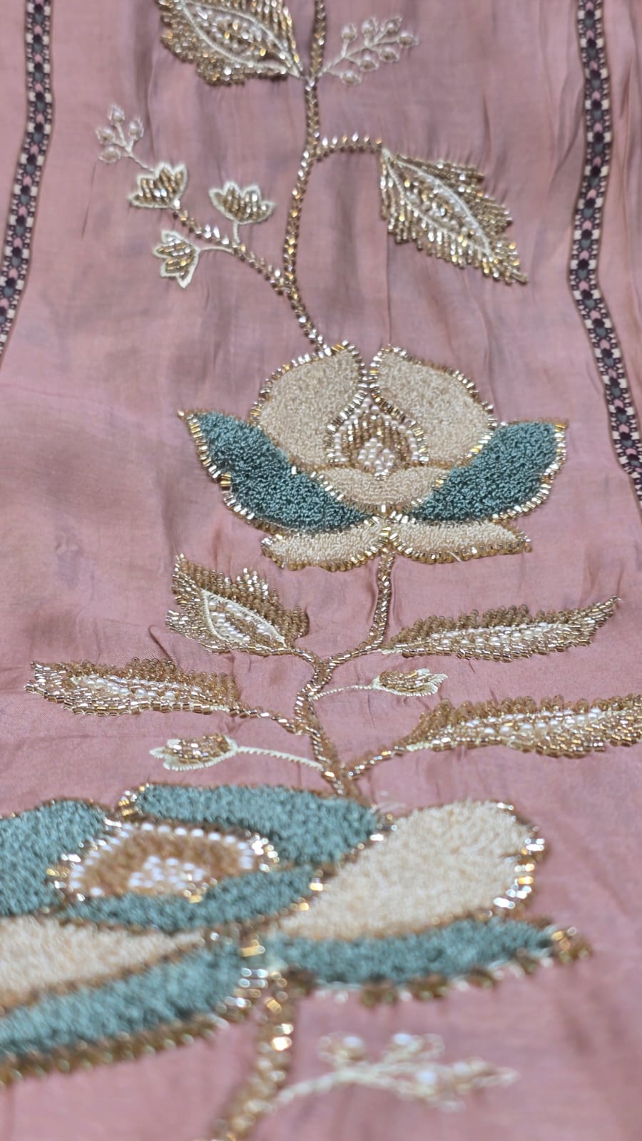 Elegant Muslin Suit with Heavy Moti & Nalki Work