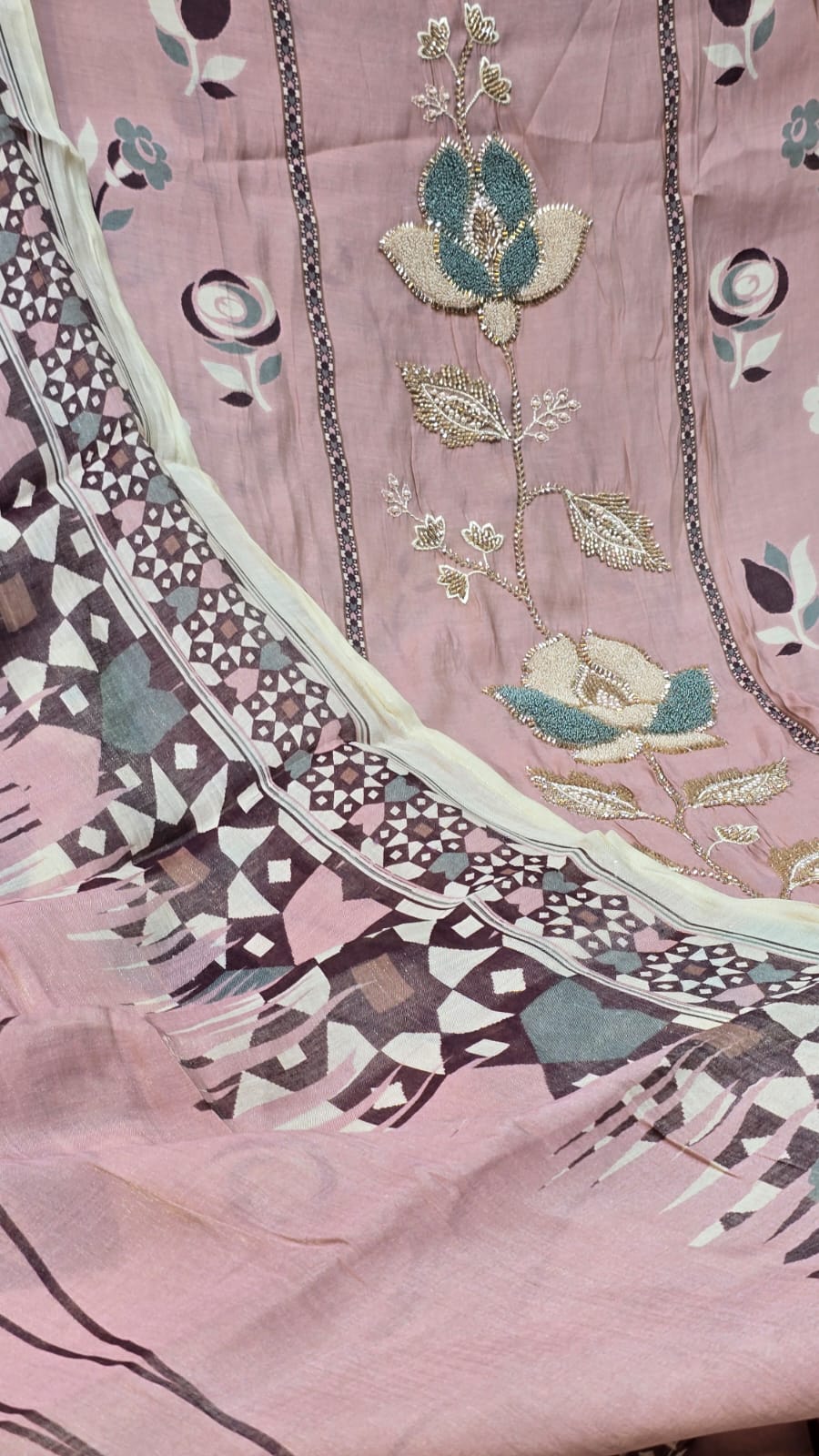 Elegant Muslin Suit with Heavy Moti & Nalki Work