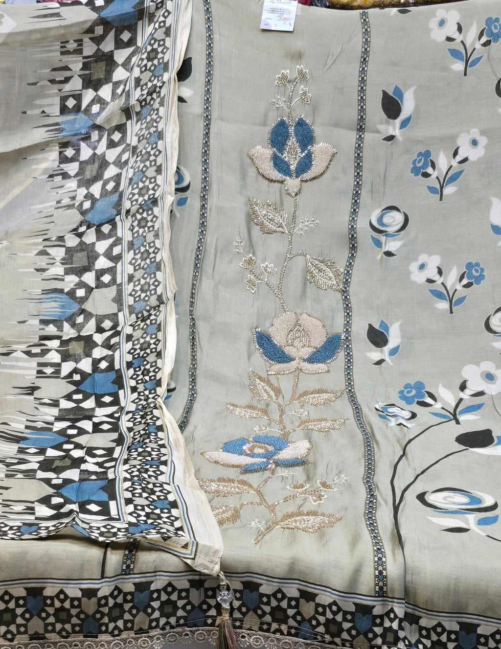 Elegant Muslin Suit with Heavy Moti & Nalki Work
