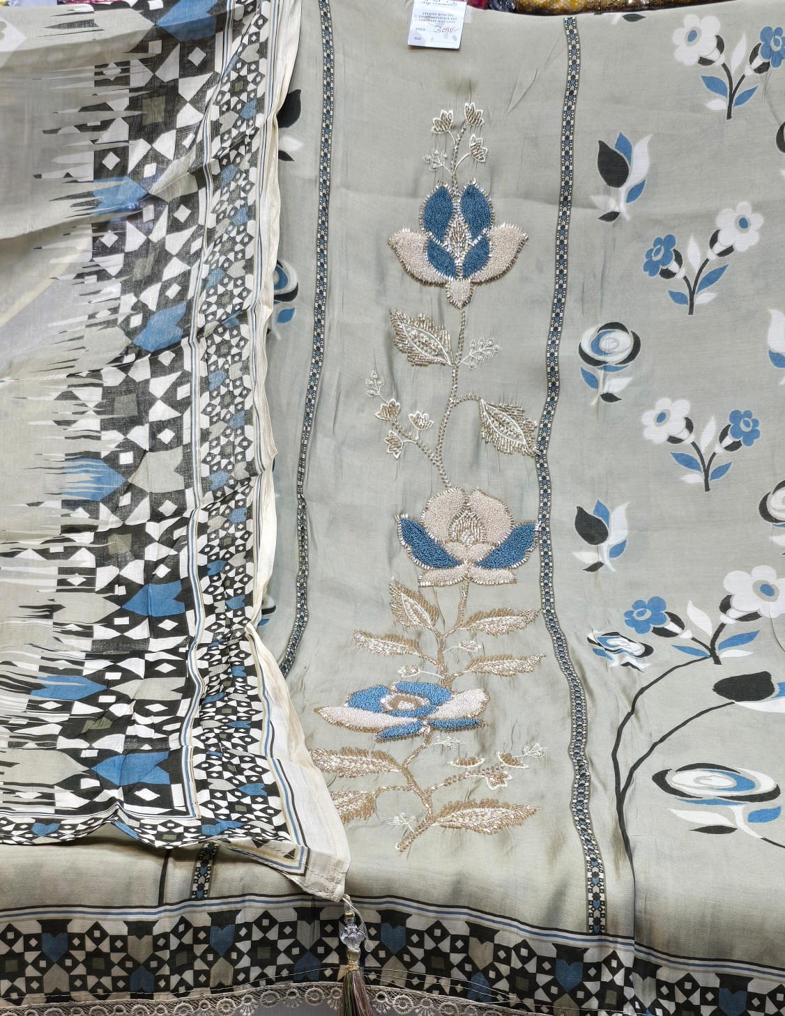 Elegant Muslin Suit with Heavy Moti & Nalki Work