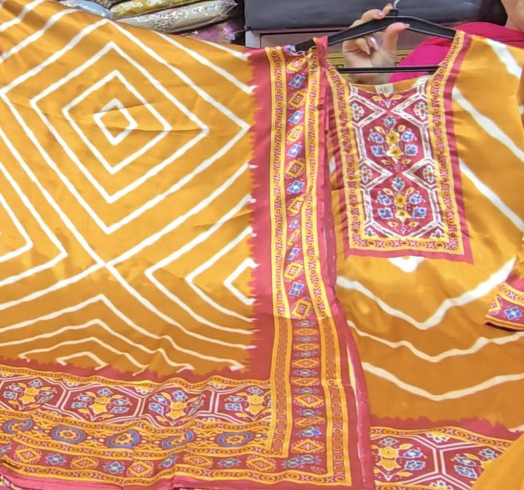 Mustard Gajji Silk elegance with vibrant traditional prints