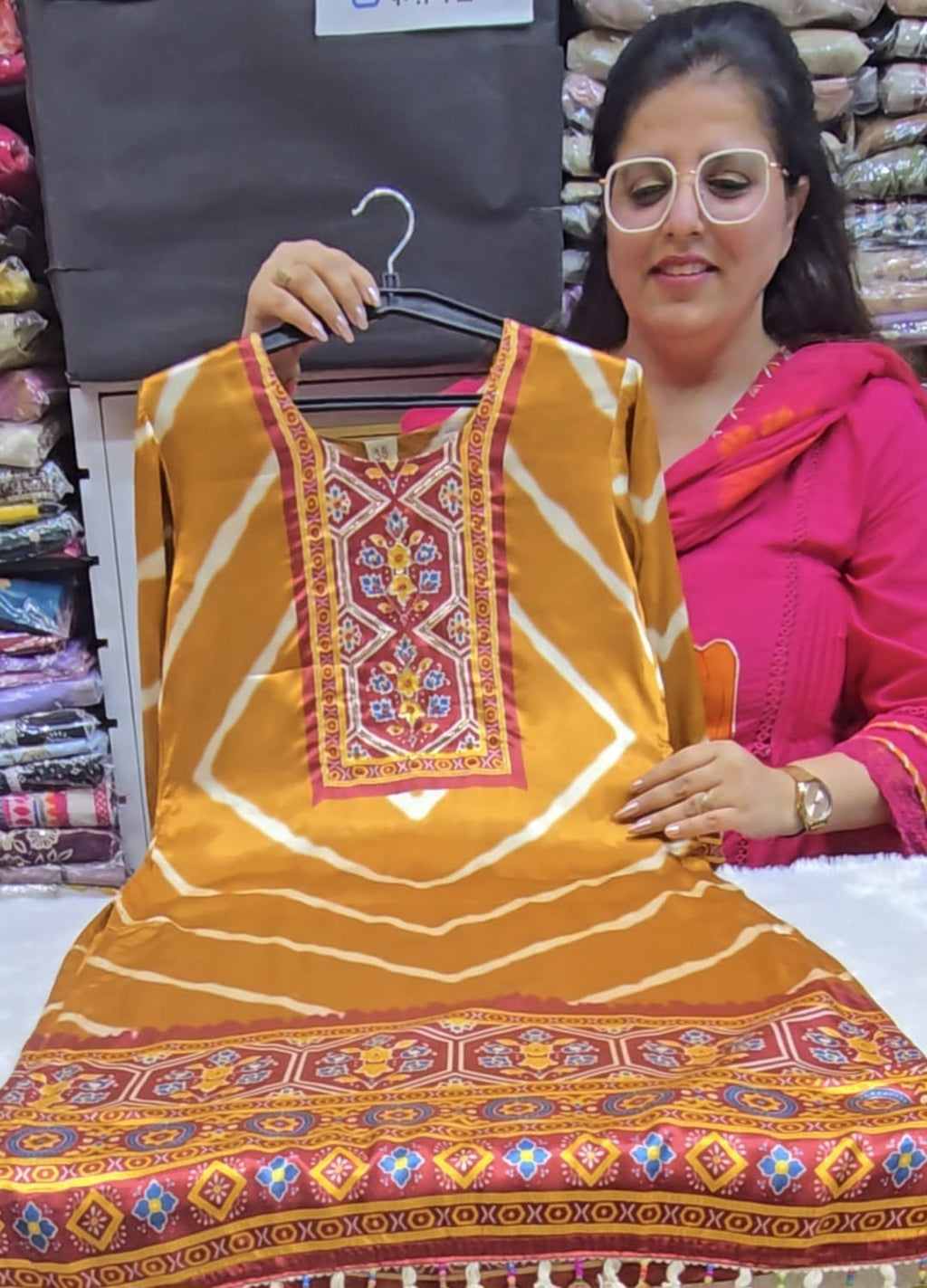 Mustard Gajji Silk elegance with vibrant traditional prints