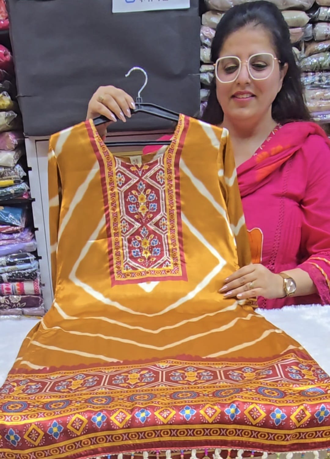 Mustard Gajji Silk elegance with vibrant traditional prints