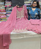 Elegant Mauve Chinnon Suit with Exquisite Moti Work
