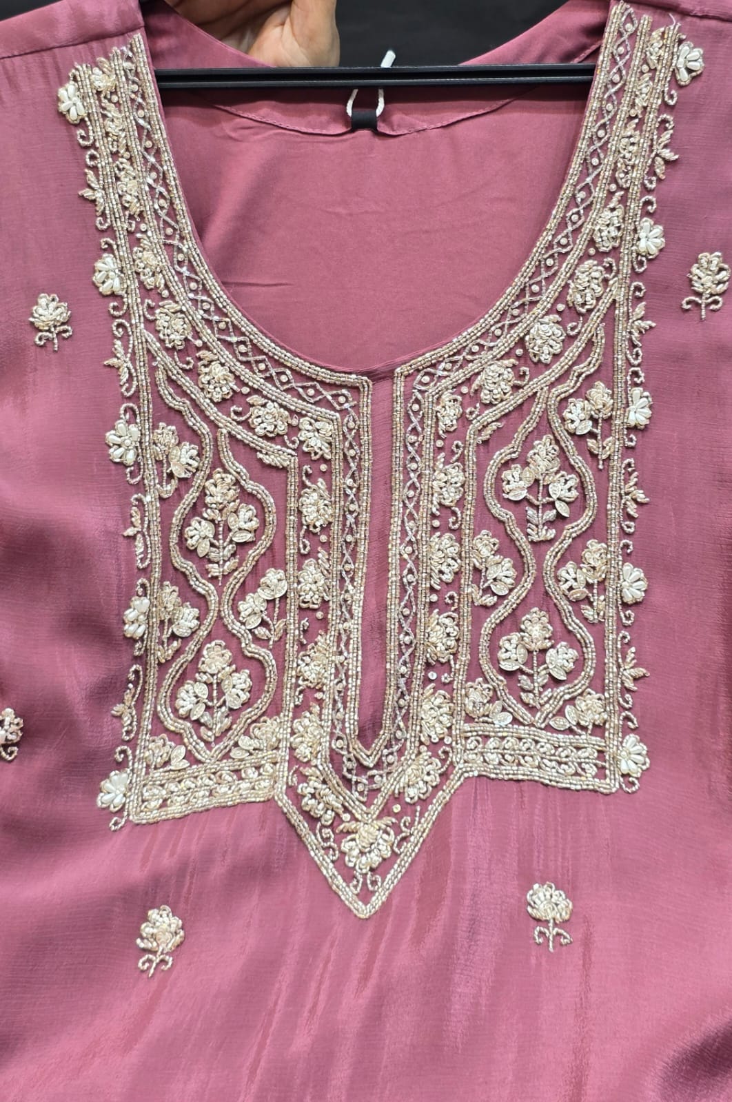 Elegant Mauve Chinnon Suit with Exquisite Moti Work