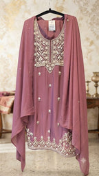 Elegant Mauve Chinnon Suit with Exquisite Moti Work