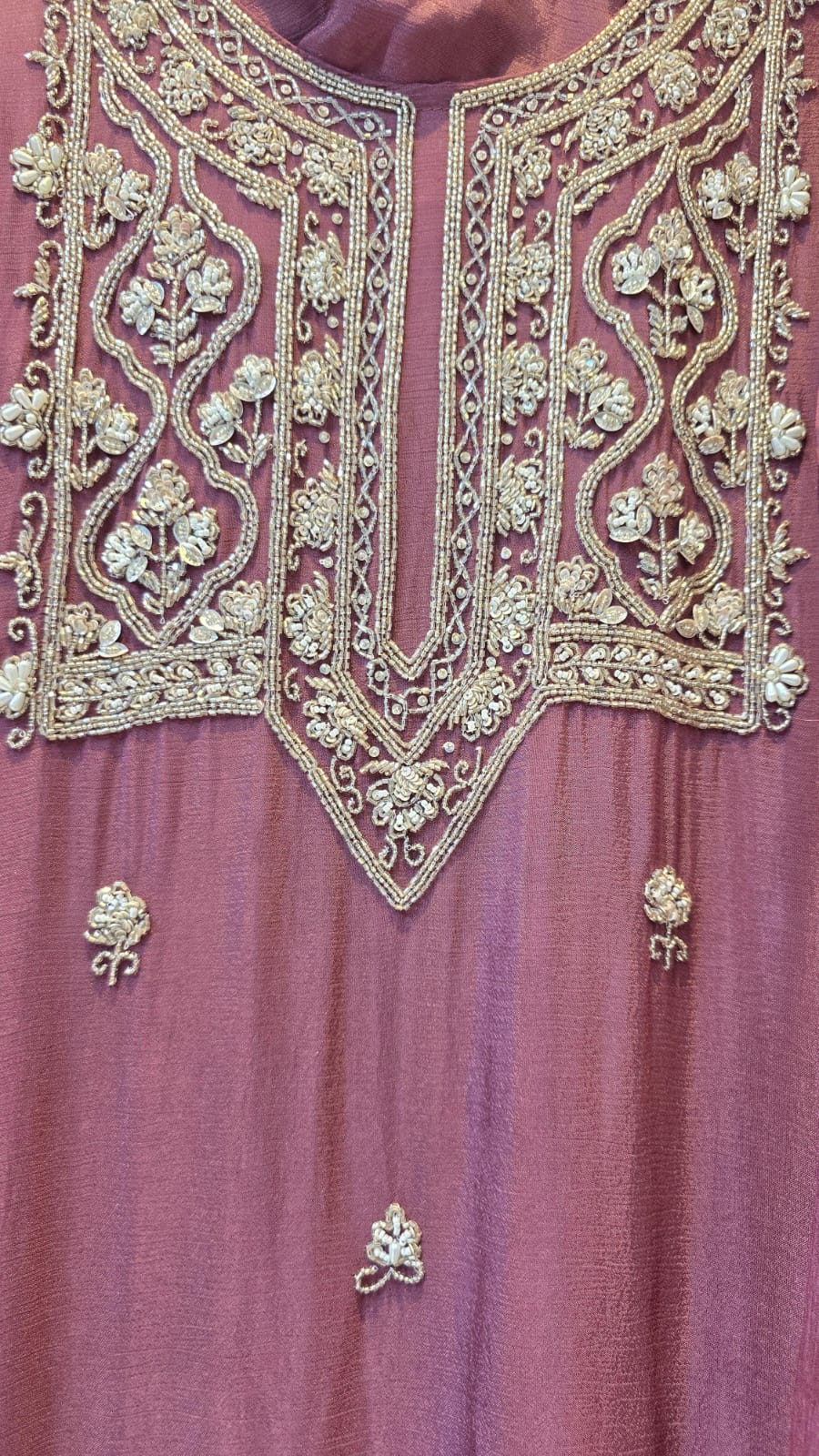 Elegant Mauve Chinnon Suit with Exquisite Moti Work