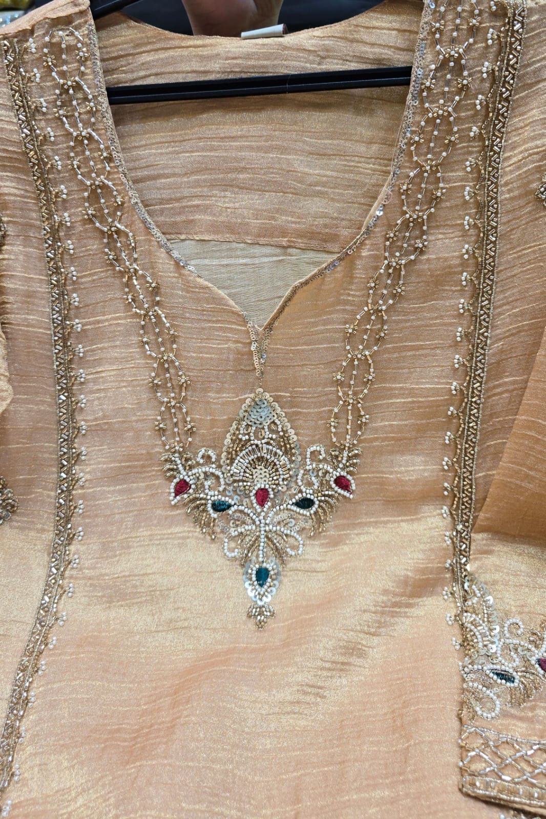 Elegant Peach Chinnon Suit Farshi salwar suit with Intricate Moti & Zari Work