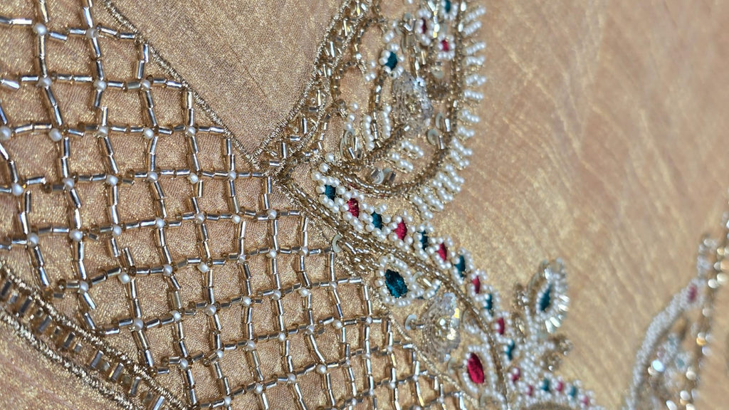 Elegant Peach Chinnon Suit Farshi salwar suit with Intricate Moti & Zari Work