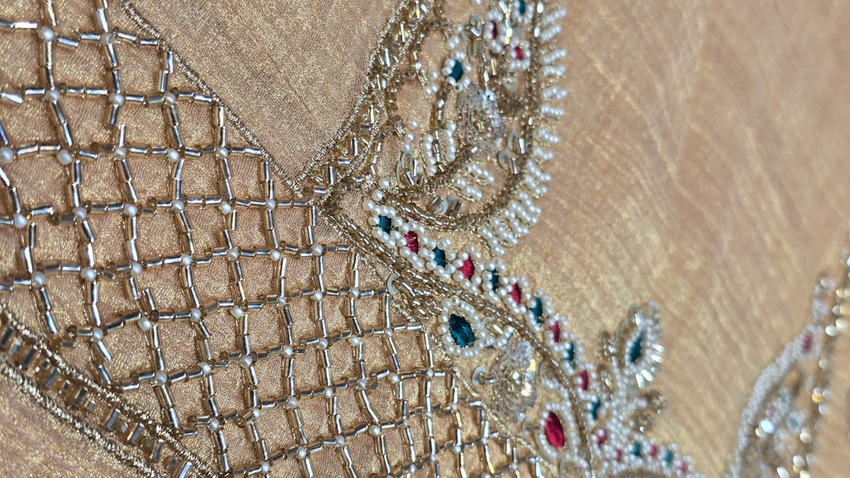Elegant Peach Chinnon Suit Farshi salwar suit with Intricate Moti & Zari Work